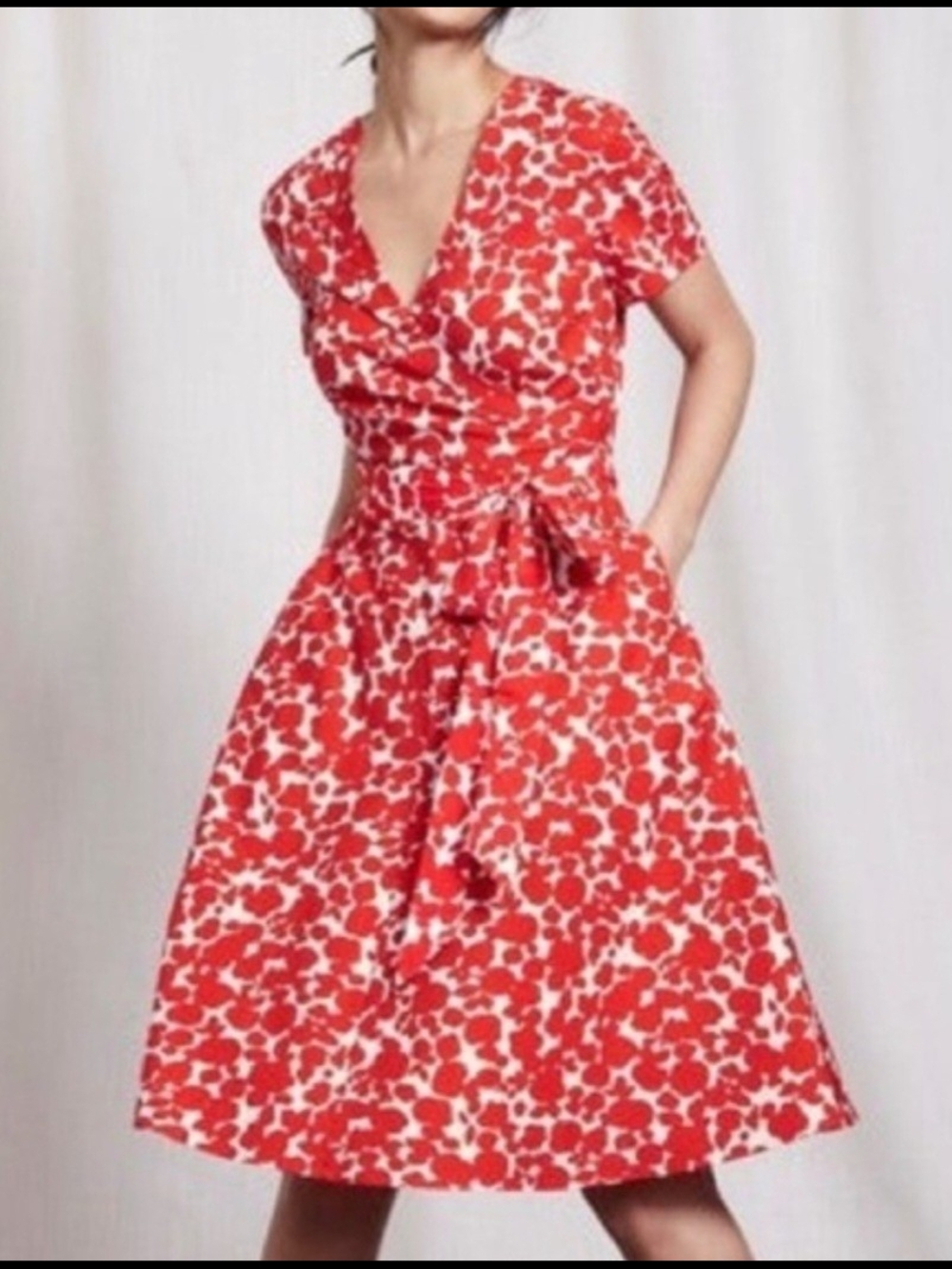 Boden Red and White Floral Wrap-Style Mini Dress